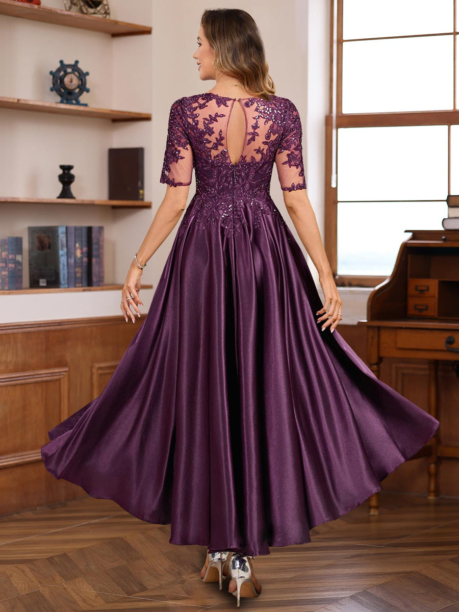 A-Line/Princess Round Neck Short Sleeves Asymmetrical Elegant Mother of the Bride & Groom Dresses with Lace Appliques