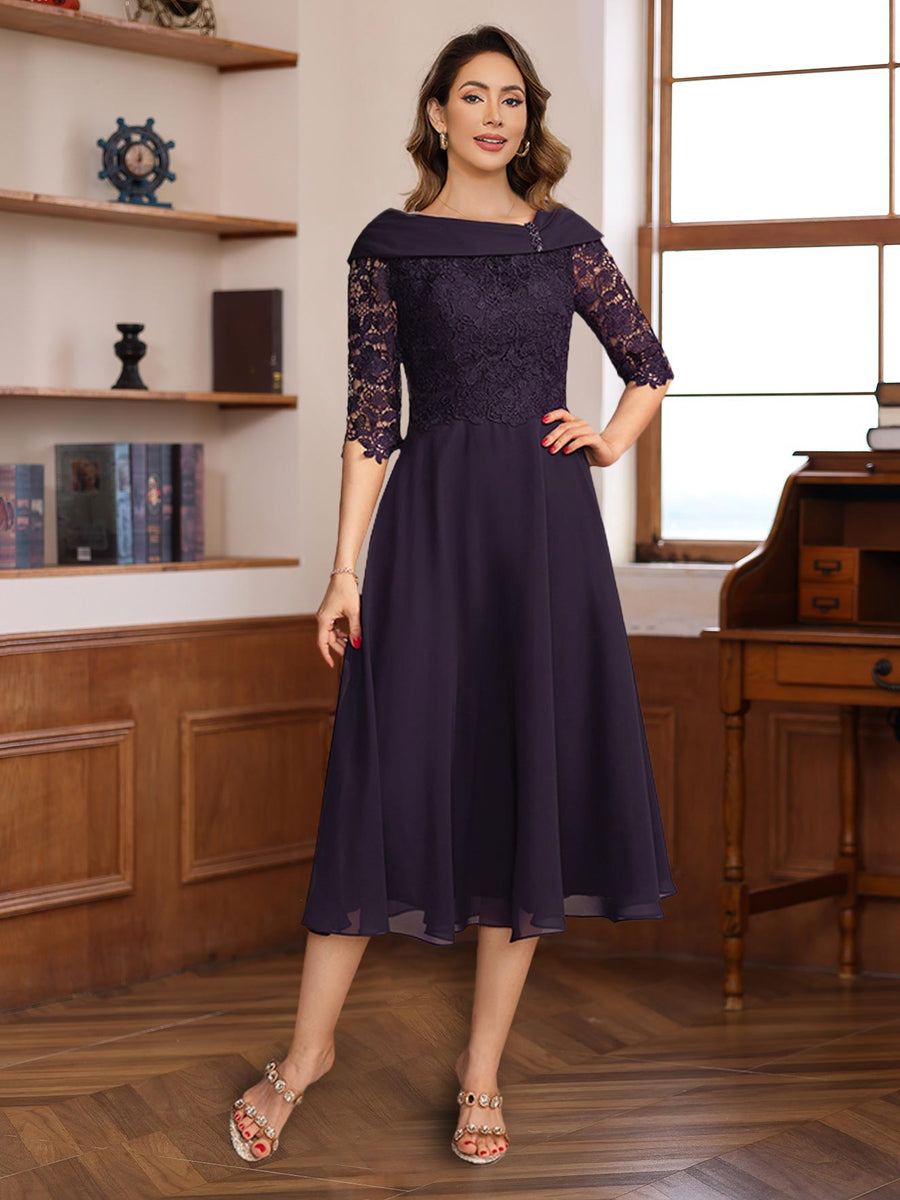 A-Line/Princess V-Neck Half Sleeves Tea Length Mother of the Bride & Groom Dresses with Lace Appliques