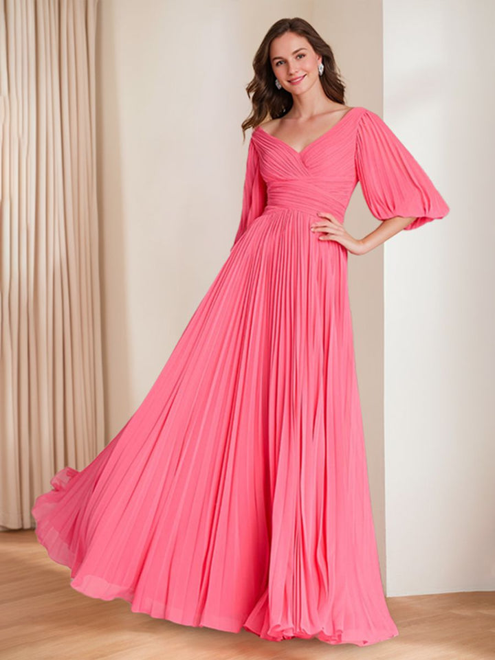 A-Line/Princess V-neck Floor-Length 3/4 Sleeves Mother of the Bride Dresses with Ruffles