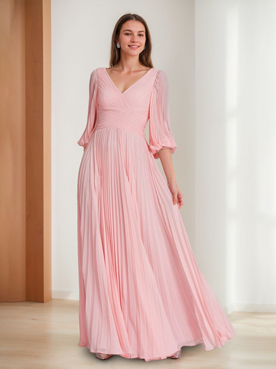A-Line/Princess V-neck Floor-Length 3/4 Sleeves Mother of the Bride Dresses with Ruffles