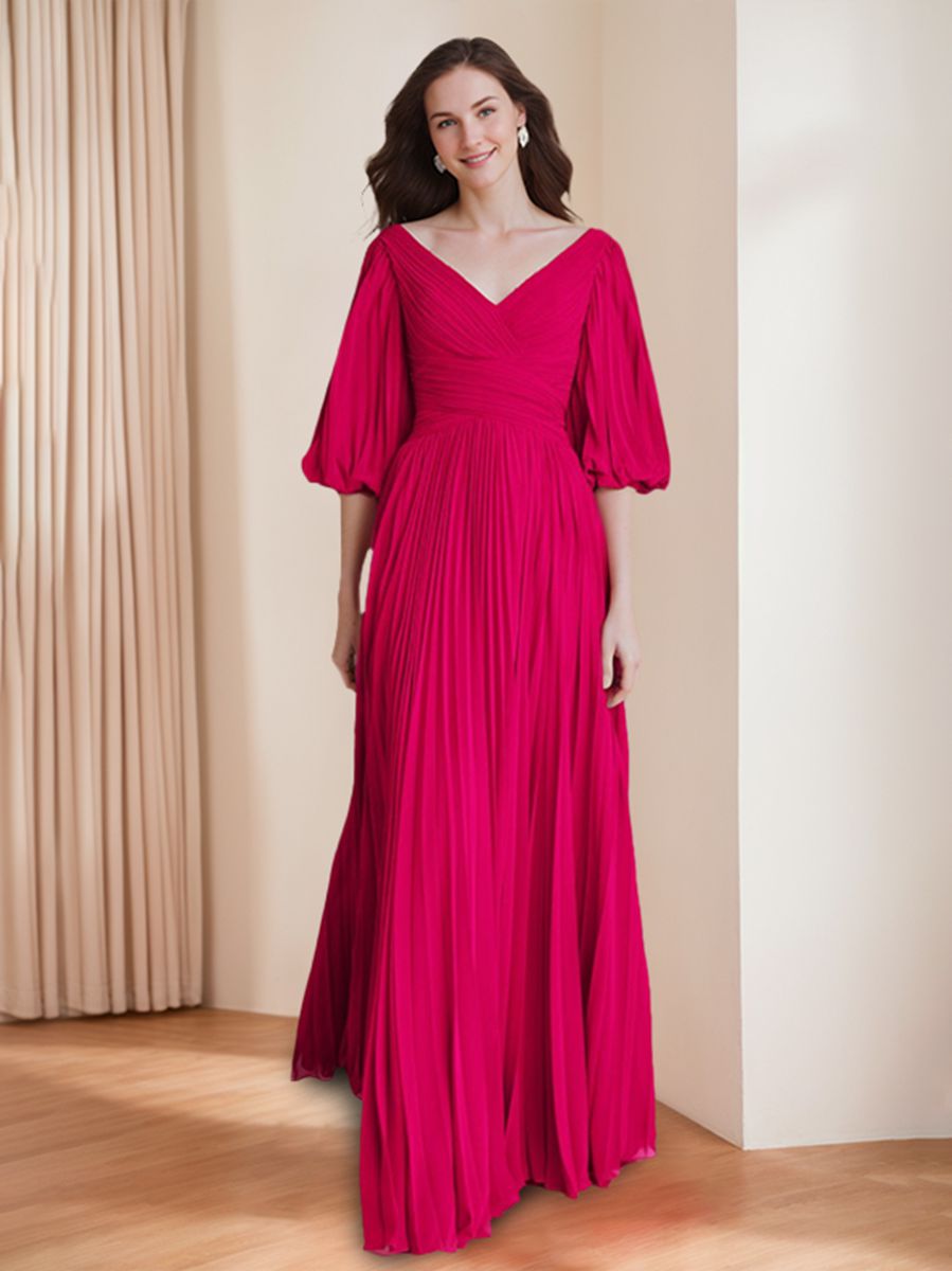A-Line/Princess V-neck Floor-Length 3/4 Sleeves Mother of the Bride Dresses with Ruffles