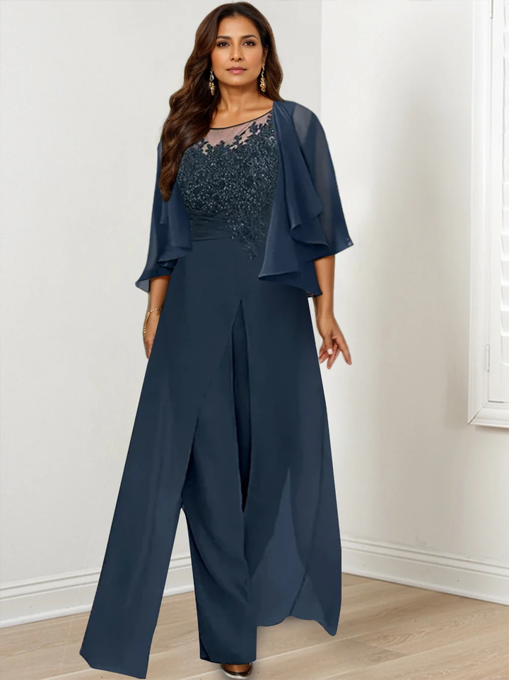 A-Line/Princess Scoop Floor-Length Plus Size Mother of the Bride Jumpsuits with Jacket, Split Side &amp; Appliques