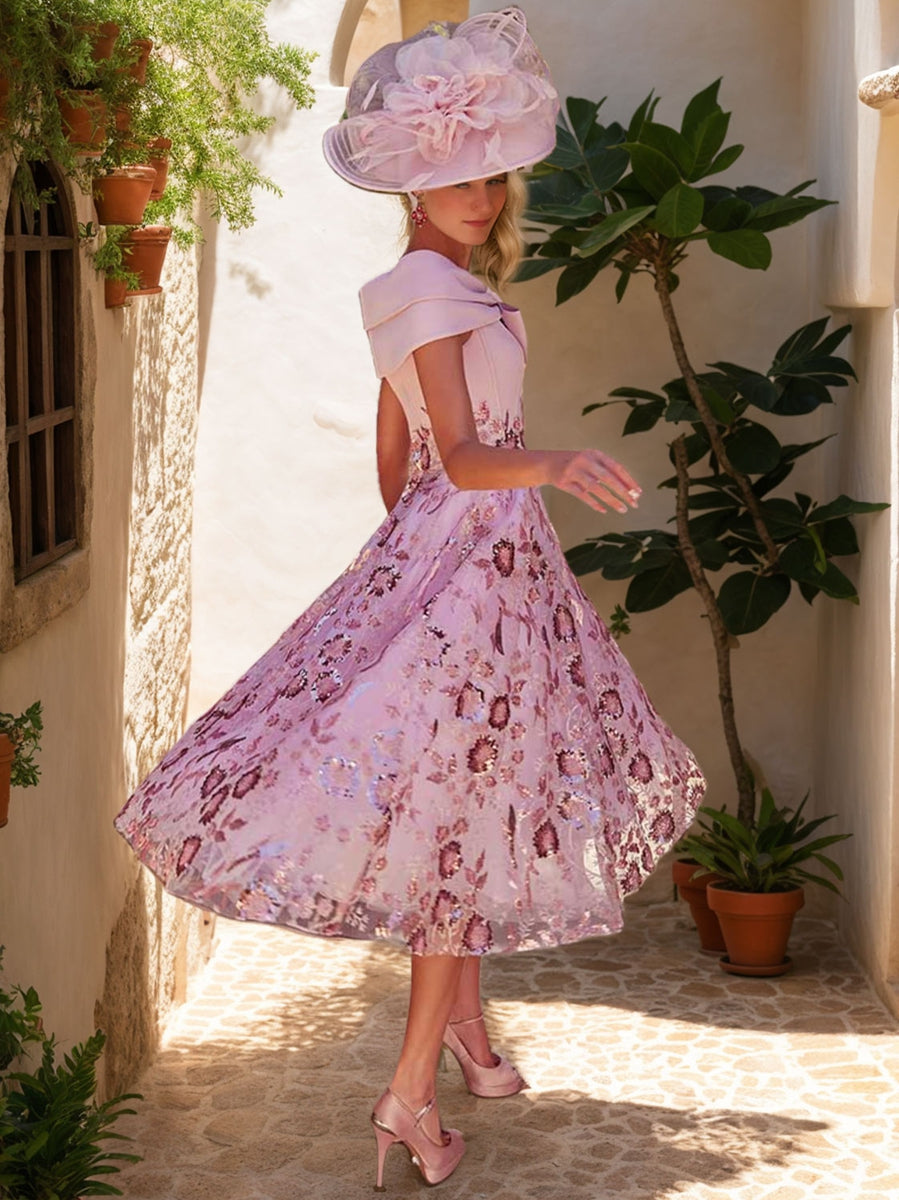 A-Line/Princess V-Neck Tea-Length Luxurious Mother of the Bride Dresses with Bow & Embroidery