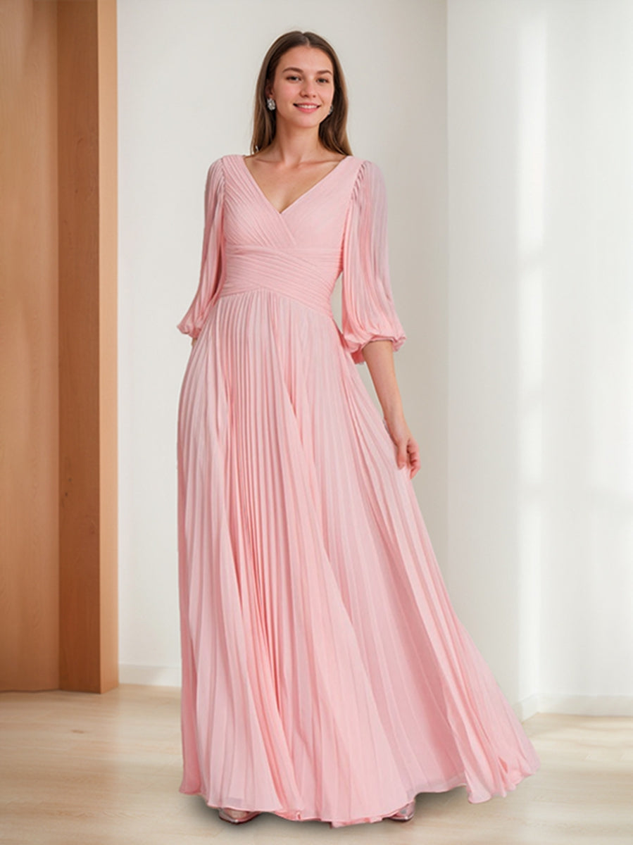 A-Line/Princess V-Neck 3/4 Sleeves Pleated Chiffon Chic Mother of the Bride & Groom Dresses
