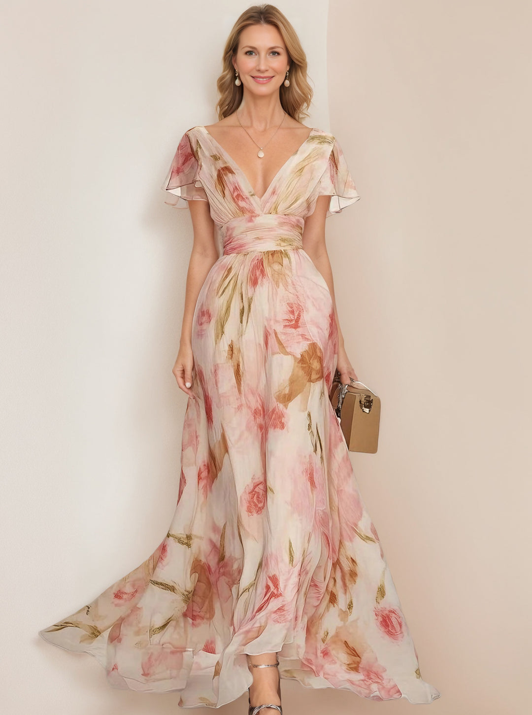 A-Line/Princess V-Neck Short Sleeves Printed Floral Mother of the Bride Dresses with Ruffles