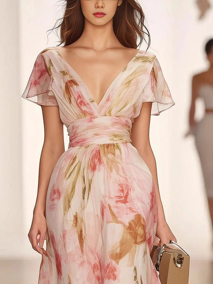 A-Line/Princess V-Neck Short Sleeves Printed Floral Mother of the Bride Dresses with Ruffles