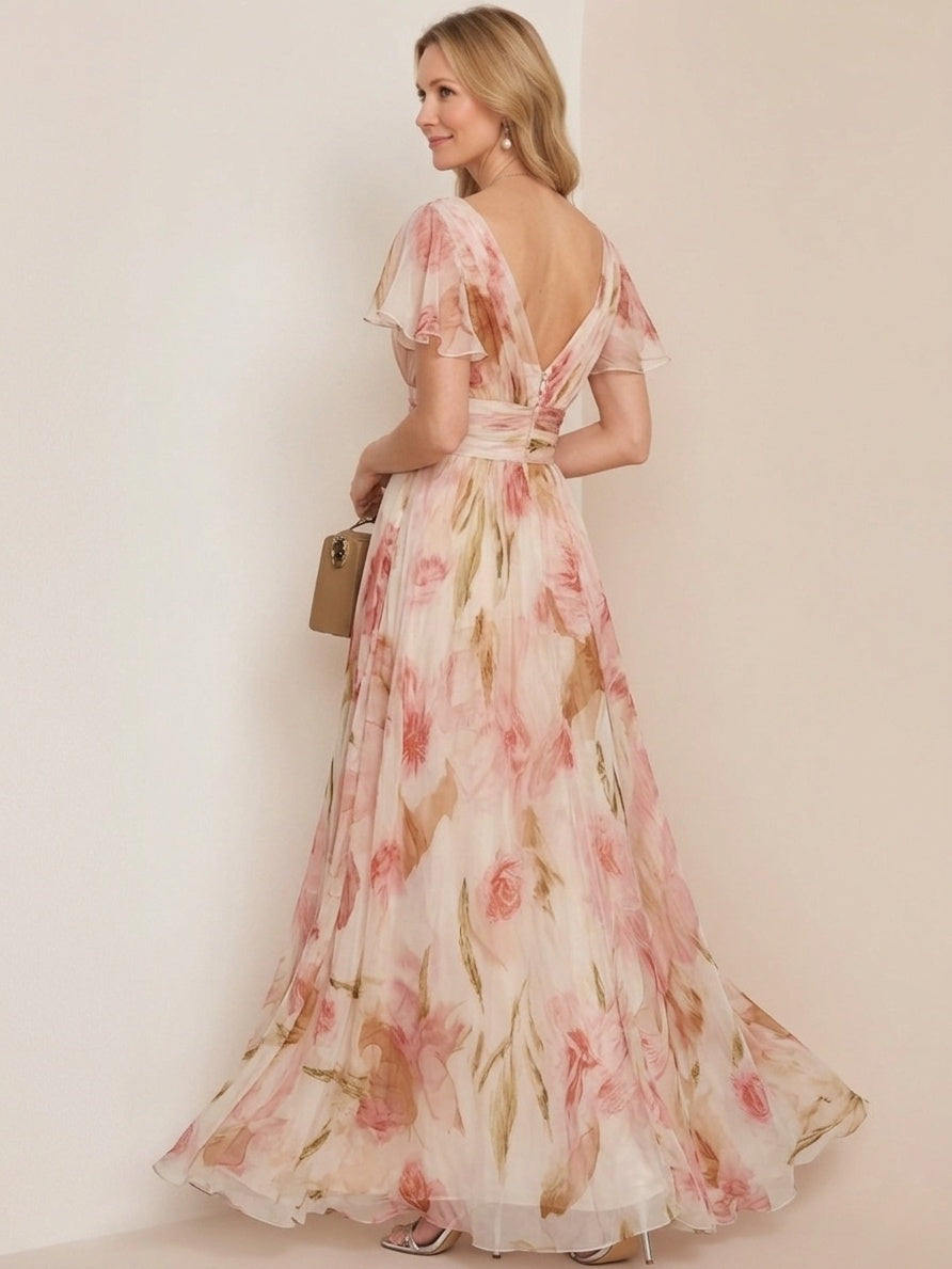 A-Line/Princess V-Neck Short Sleeves Printed Floral Mother of the Bride Dresses with Ruffles