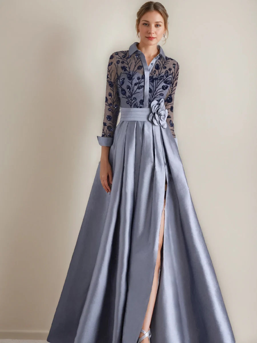 A-Line/Princess Shirt Collar Long Sleeves Floor-Length Mother of the Bride Dresses with Appliques & Flower Belt