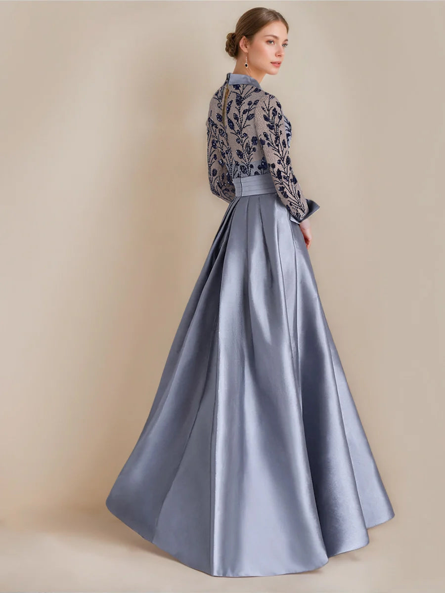 A-Line/Princess Shirt Collar Long Sleeves Floor-Length Mother of the Bride Dresses with Appliques & Flower Belt