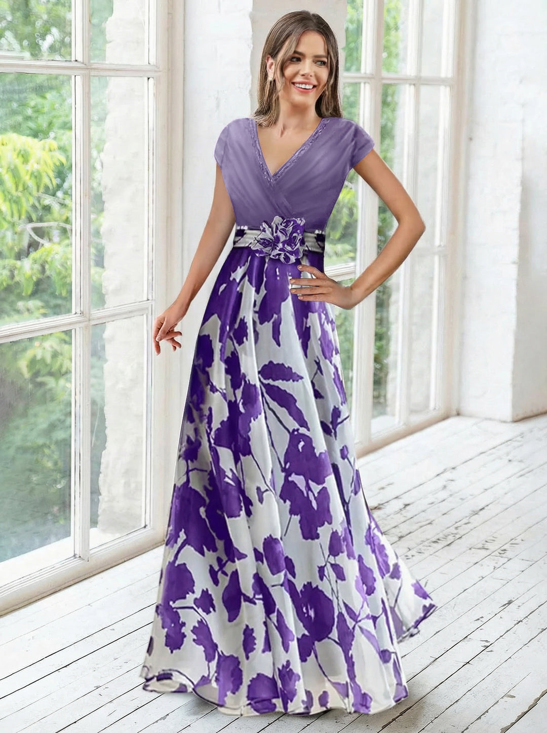 A Line/Princess V-Neck Short Sleeves Mother of the Bride Dresses With Flower & Ruches