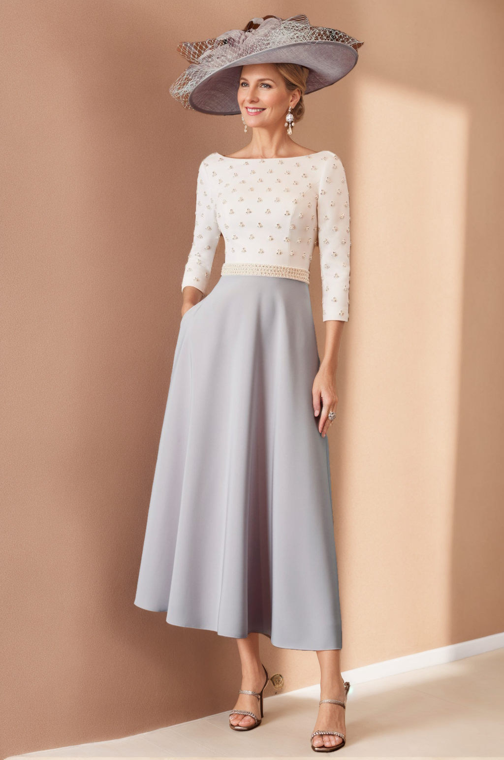 A-Line/Princess Cowl Neck 3/4 Sleeves Mother of the Bride Dresses with Pearl Belt & Ruffles Back