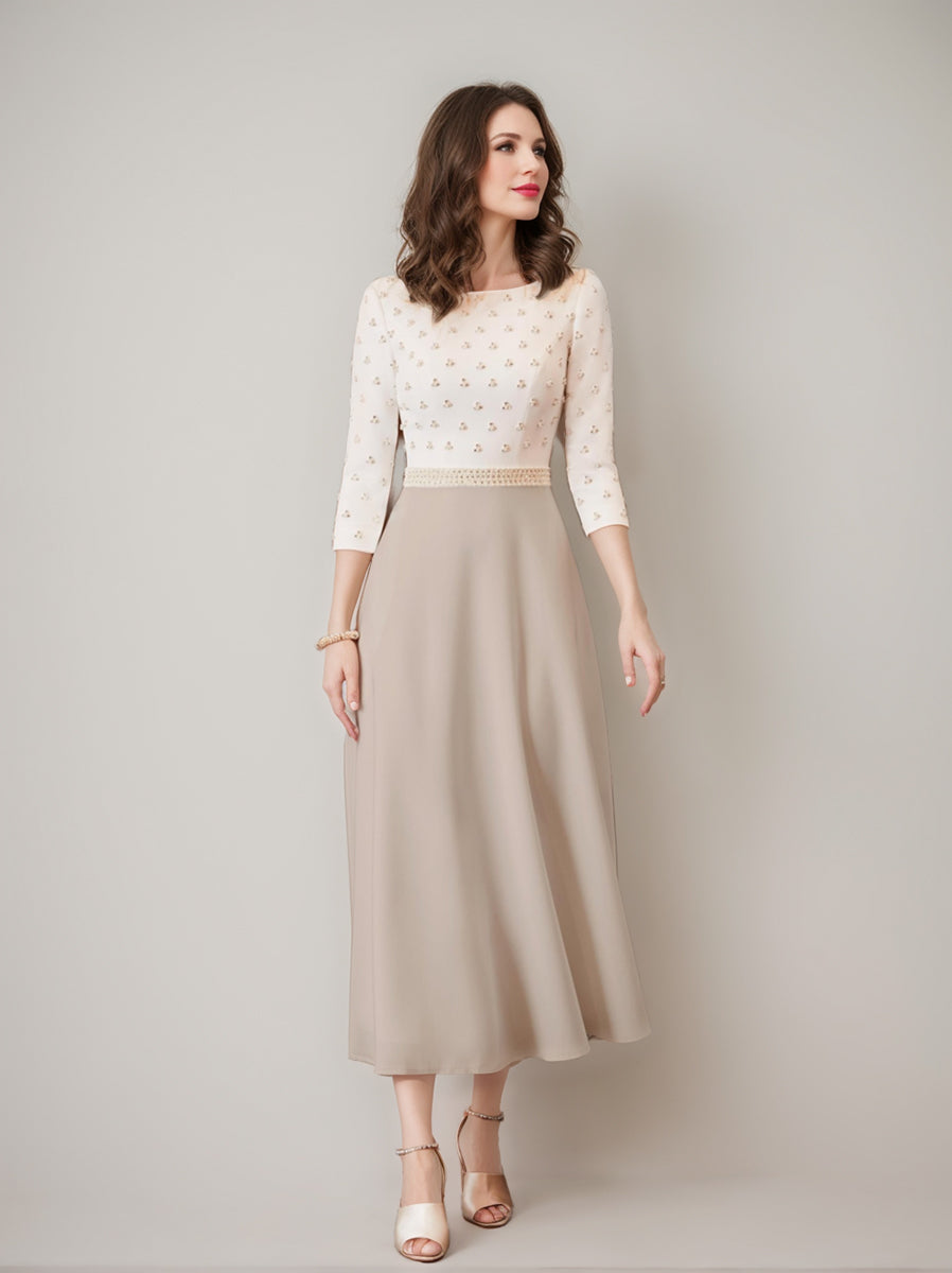 A-Line/Princess Cowl Neck 3/4 Sleeves Mother of the Bride Dresses with Pearl Belt & Ruffles Back