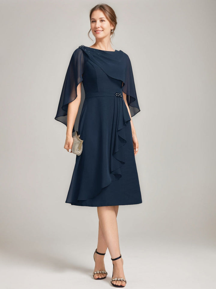 Sheath/Column Jewel Neck Tea-Length Mother Of The Bride Dresses with Detachable Cape & Ruffles & Beads