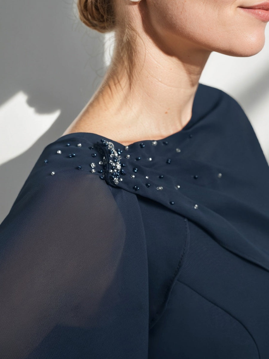 Sheath/Column Jewel Neck Tea-Length Mother Of The Bride Dresses with Detachable Cape & Ruffles & Beads