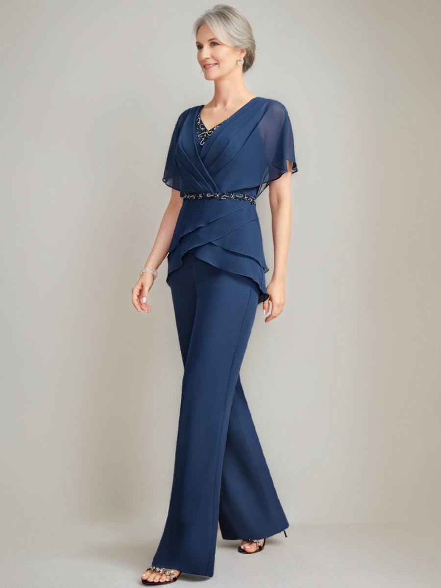 2 Pieces V-Neck Ruched Flutter Sleeves Floor-Length Beading Mother of the Bride Pantsuits