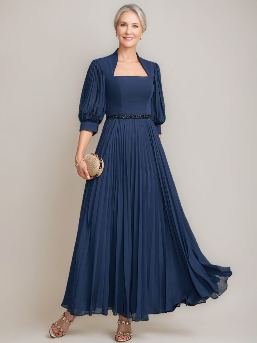 A-line/Princess Queen Anne Neckline Ankle-Length Pleated Mother of the Bride Dresses with Sequins & Beads