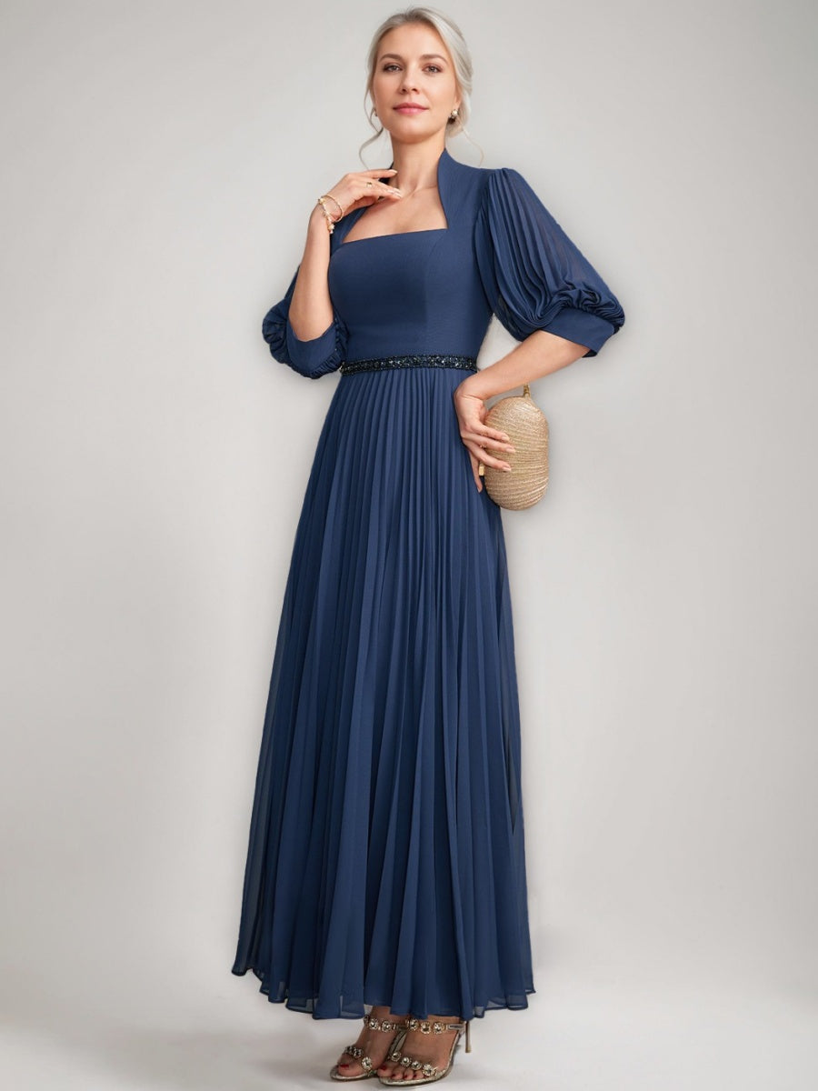 A-line/Princess Queen Anne Neckline Ankle-Length Pleated Mother of the Bride Dresses with Sequins & Beads