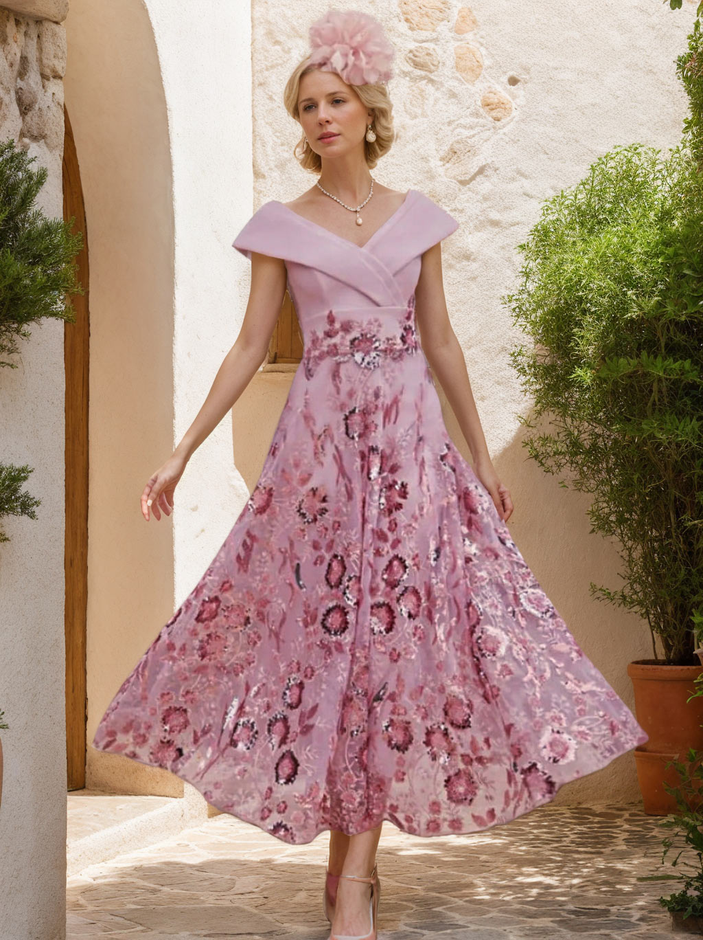 A-Line/Princess V-Neck Tea-Length Luxurious Mother of the Bride Dresses with Embroidery
