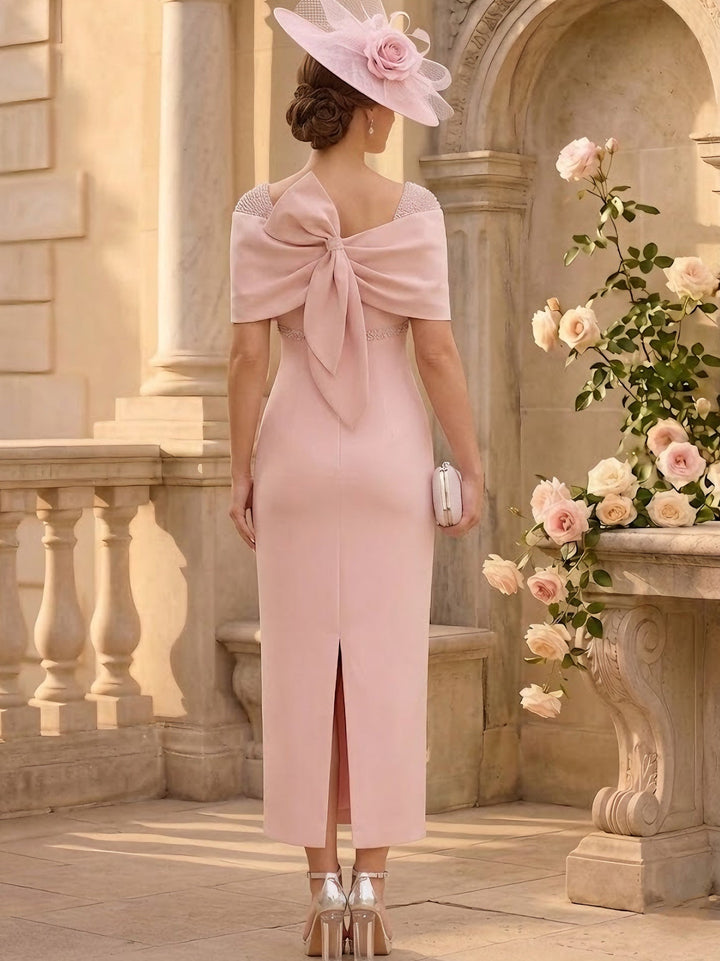 Sheath/Column Off-the-Shoulder Stretch Satin Mother of the Bride Dresses Ankle-Length Sleeveless with Beadings & Bow