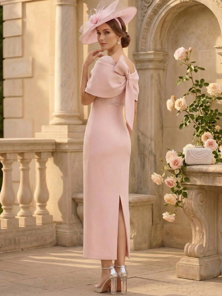 Sheath/Column Off-the-Shoulder Stretch Satin Mother of the Bride Dresses Ankle-Length Sleeveless with Beadings & Bow