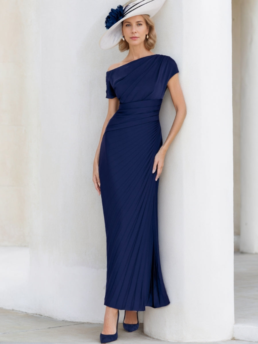 Sheath/Column Off-the-Shoulder Short Sleeves Long Mother of the Bride Dresses with Pleats