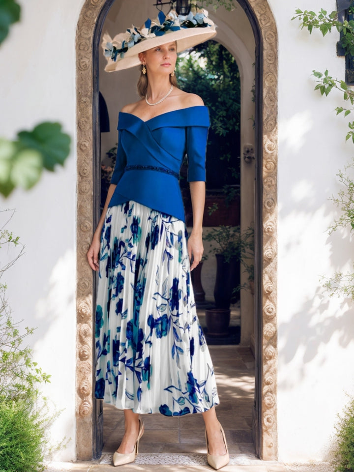 A-Line/Princess Off-the-Shoulder 1/2 Sleeves Printed Floral Mother of the Bride Dresses with Sash