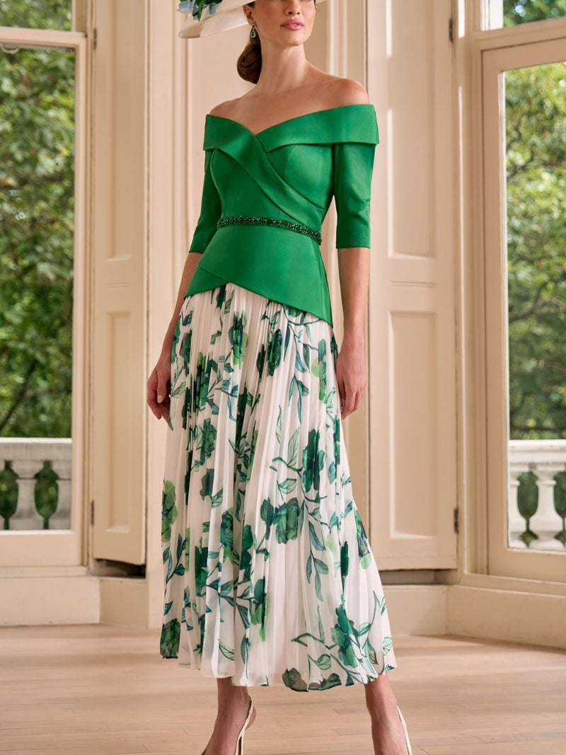 A-Line/Princess Off-the-Shoulder 1/2 Sleeves Printed Floral Mother of the Bride Dresses with Sash