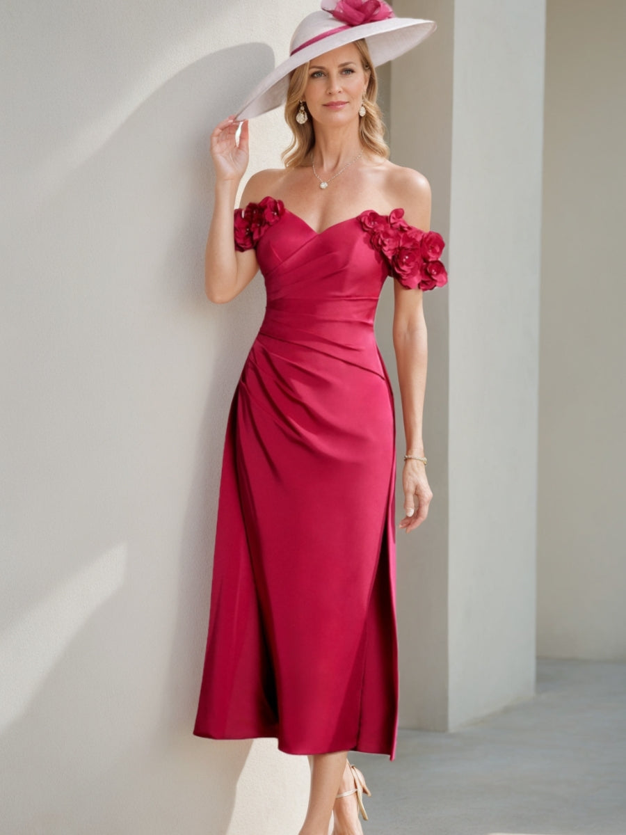 Sheath/Column Sweetheart Tea-Length Chic Mother of the Bride Dresses with 3D Flower