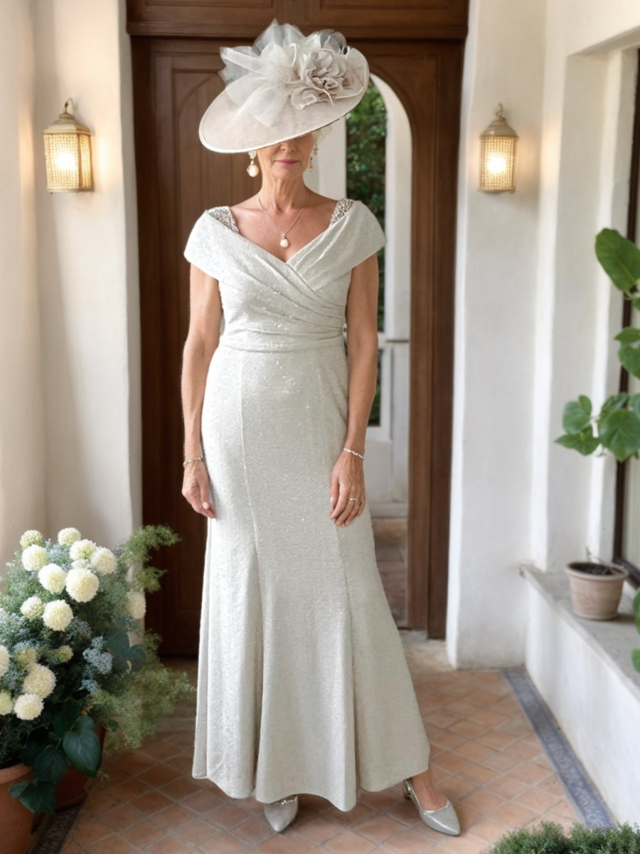 Trumpet/Mermaid V-Neck Ruched Sparkling Mother of the Bride Dresses with Rhinestone