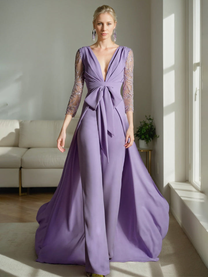 A-Line/Princess Plunge V-Neck Ruched Mother of the Bride Jumpsuits with Embroidered Tulle Sleeves & Bow