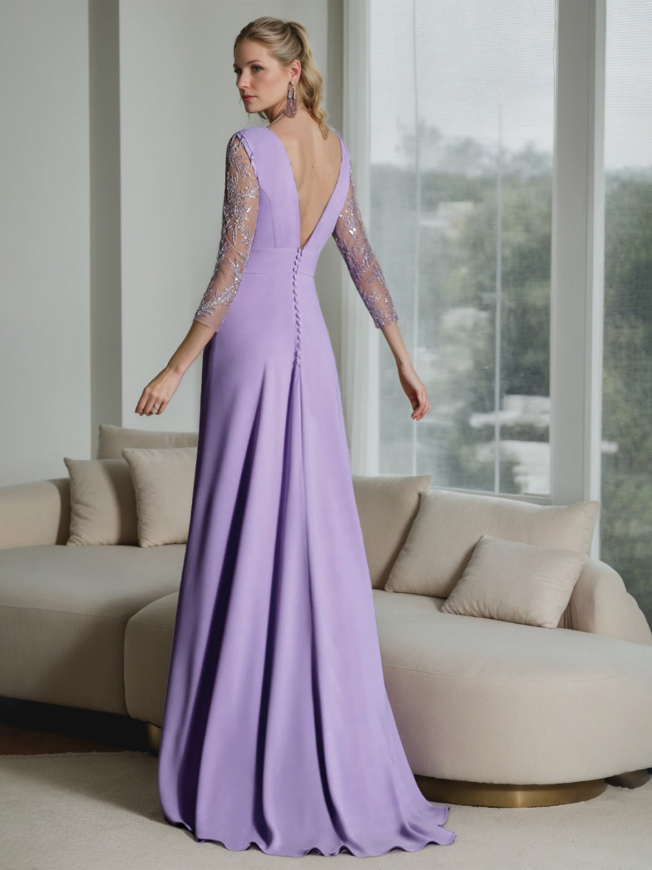 A-Line/Princess Plunge V-Neck Ruched Mother of the Bride Jumpsuits with Embroidered Tulle Sleeves & Bow