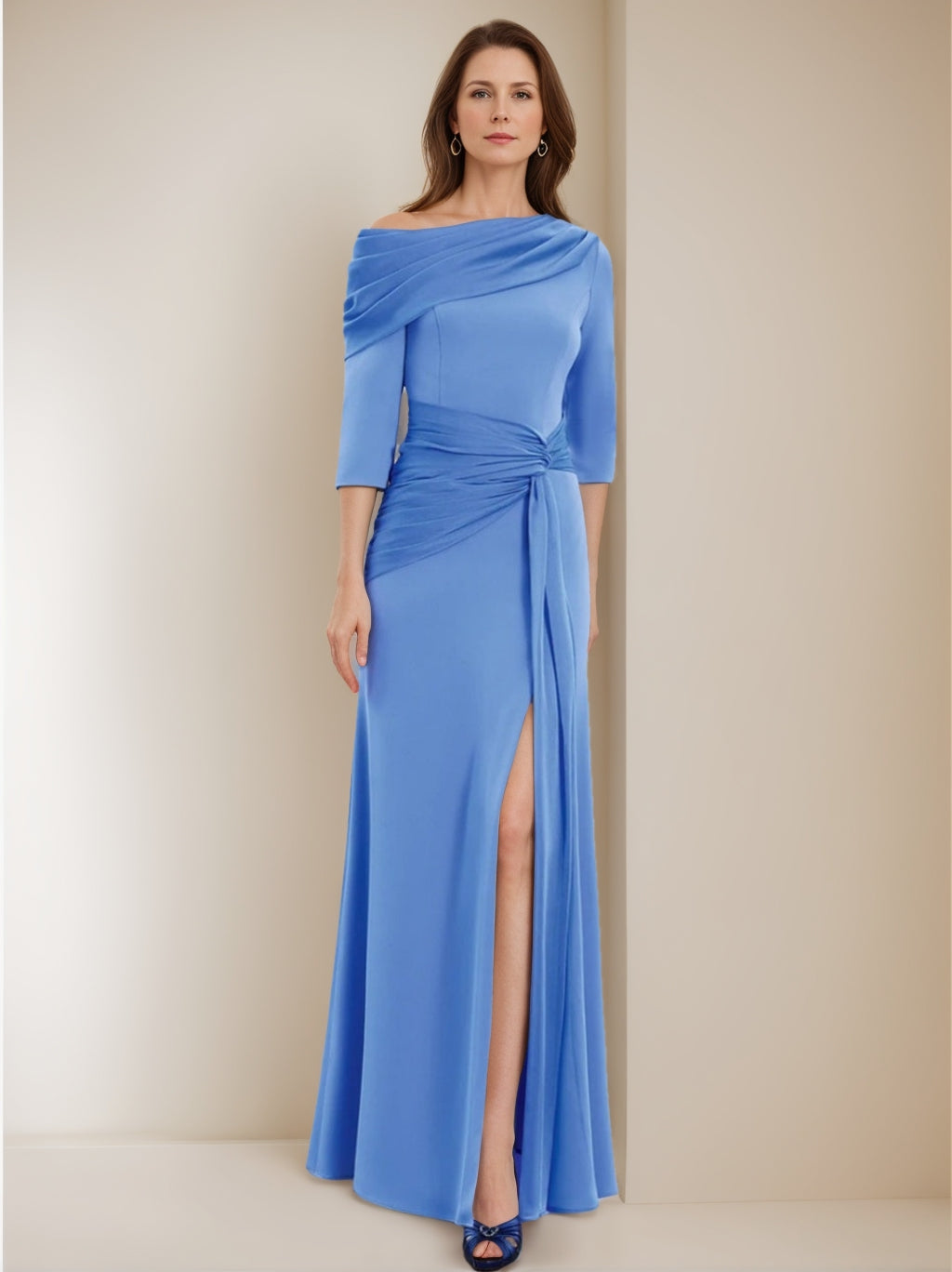 Sheath/Column Asymmetrical Draped Neckline 3/4 Sleeves Floor-Length Pleated Mother of the Bride Dresses with Chiffon & Slit