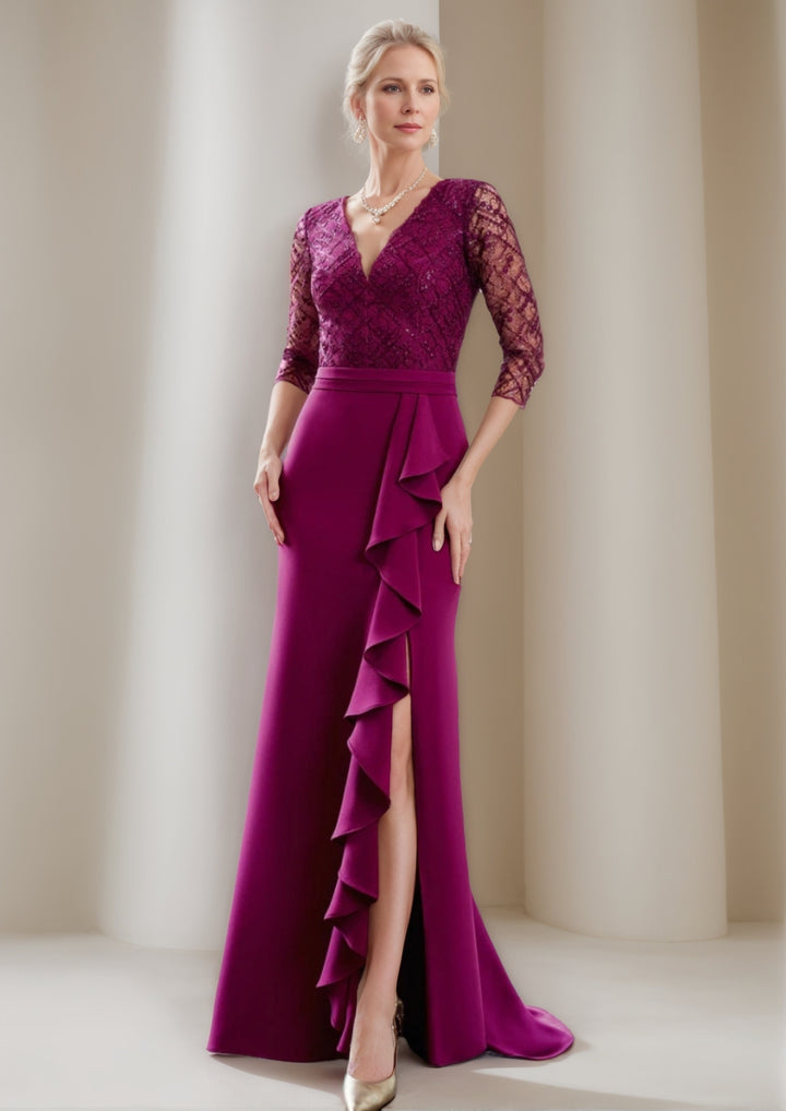 Trumpet/Mermaid V-Neck Floor-Length Mother of the Bride Dresses with Slit & Ruffles & Tulle Lace