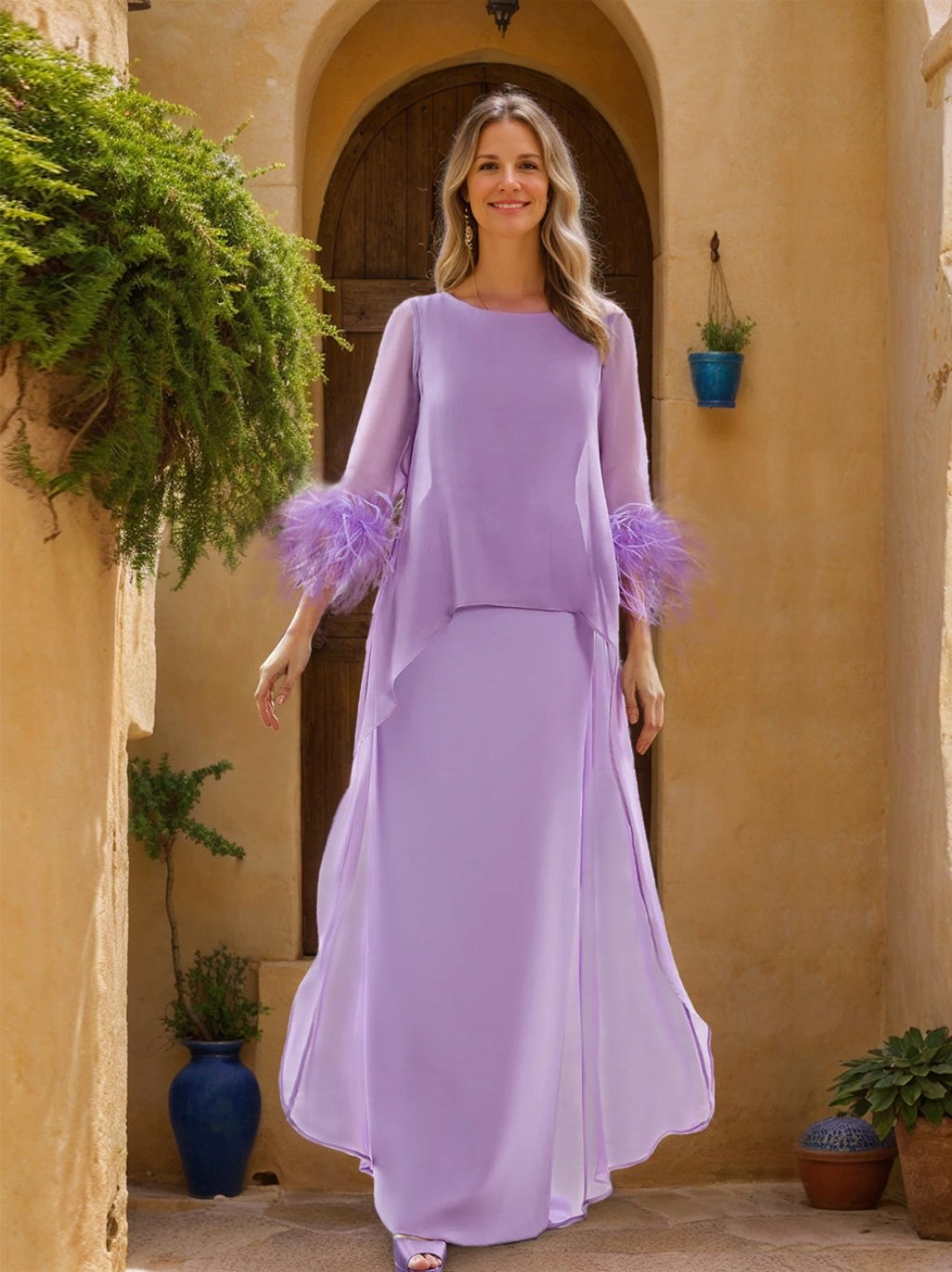 Sheath/Column Jewel Neck 3/4 Sleeves Floor-Length Mother of the Bride Dresses with Cape & Feathers