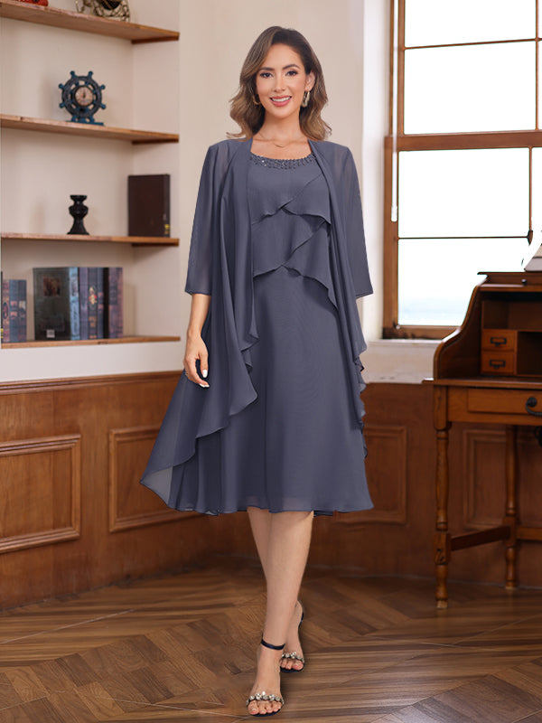 A-Line/Princess Scoop Knee-Length Mother of the Bride & Groom Dresses with Jacket & Beads & Ruffles