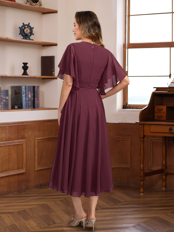 A-Line/Princess V-Neck Ruched Tea-Length Pleated Mother of the Bride & Groom Dresses with Jewel Appliques & Ruffles