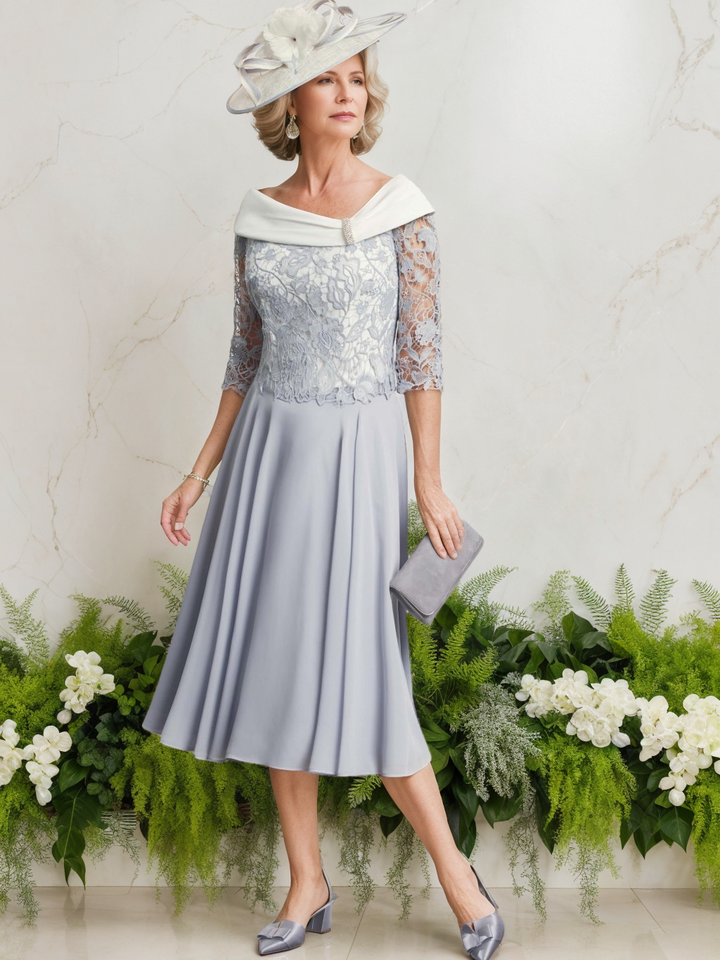A-Line/Princess Off-the-Shoulder Tea-Length Mother of the Bride Dresses with Lace
