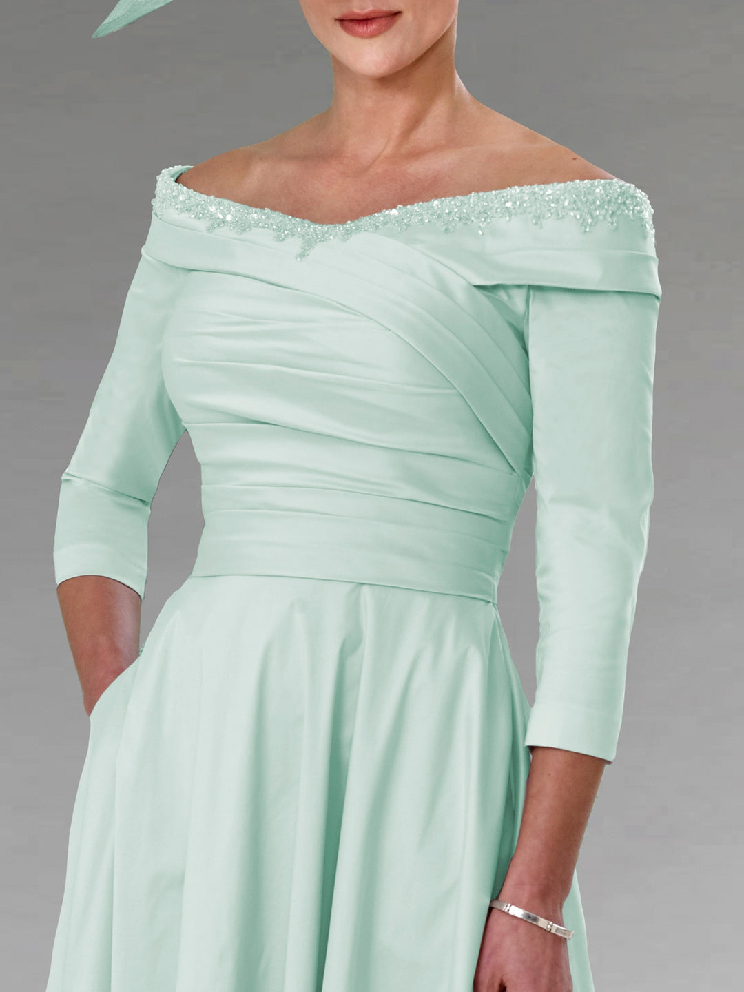 A Line/Princess Off-the-Shoulder 3/4 Sleeves Tea-Length Mother of the Bride Dresses With Pocket