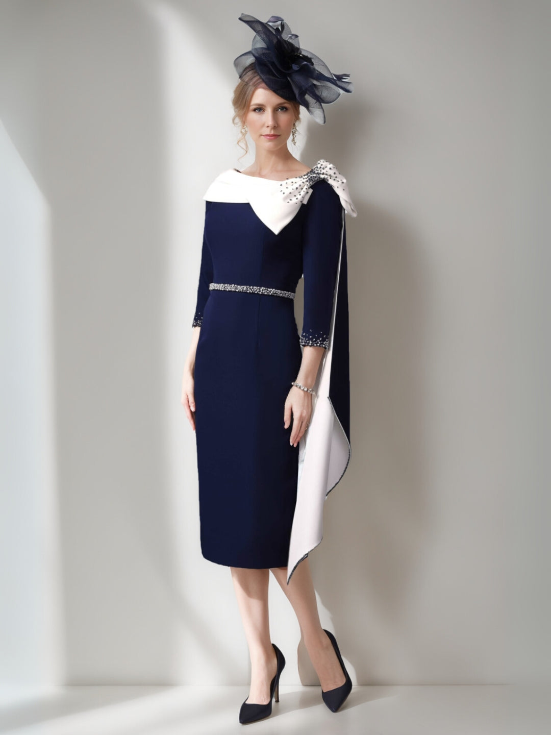 Sheath/Column Off-the-Shoulder Tea-Length Mother of the Bride Dresses With Watteau Train & Bowknot