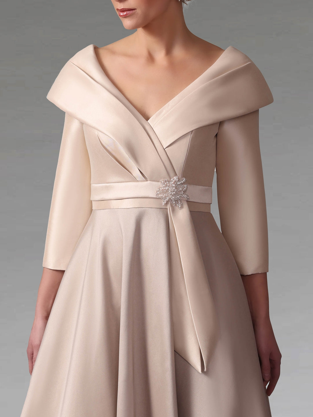 A Line/Princess V-Neck 3/4 Sleeves Tea-Length Mother of the Bride Dresses With Jewel