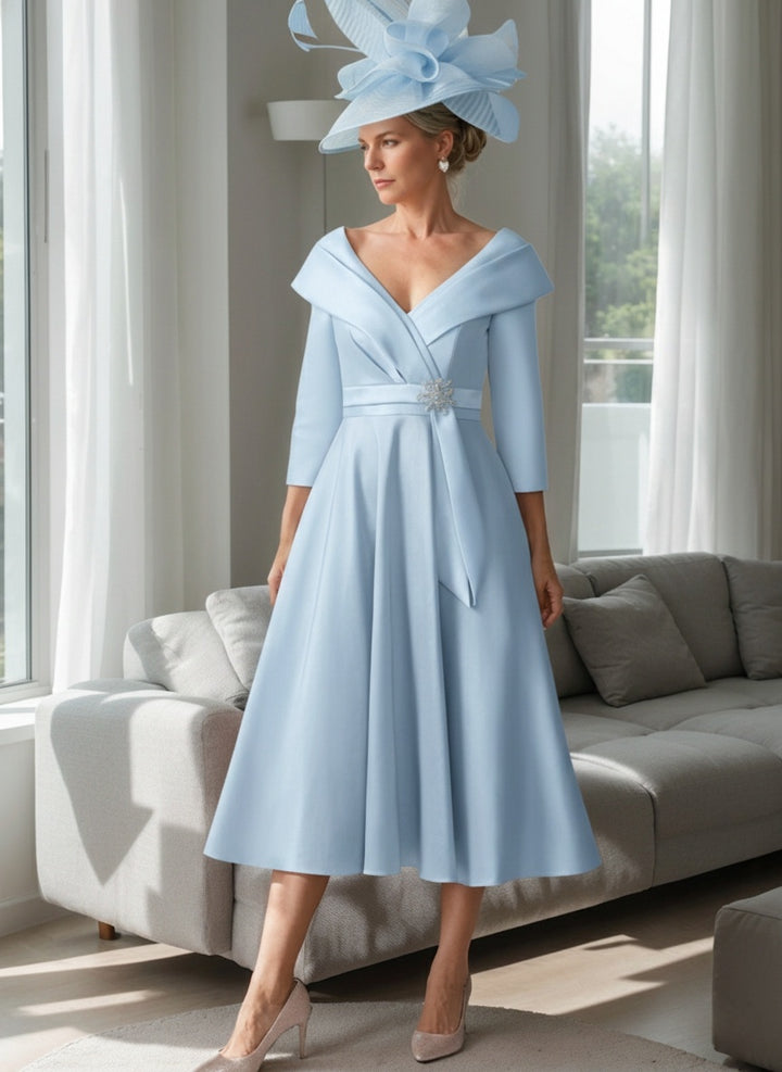 A Line/Princess V-Neck 3/4 Sleeves Tea-Length Mother of the Bride Dresses With Jewel