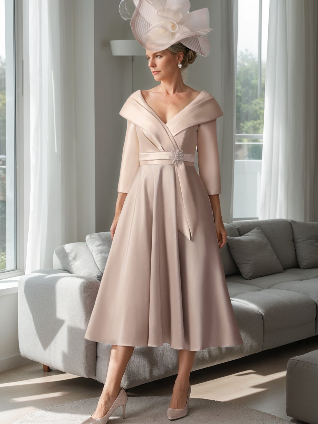 A Line/Princess V-Neck 3/4 Sleeves Tea-Length Mother of the Bride Dresses With Jewel