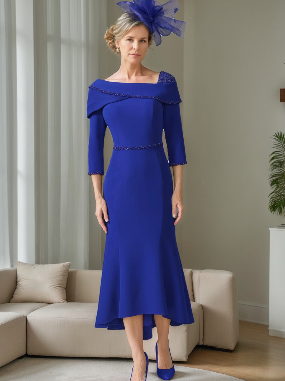 Trumpet/Mermaid Off-the-Shoulder Tea-Length Sparkling Mother of the Bride Dresses with Jewel