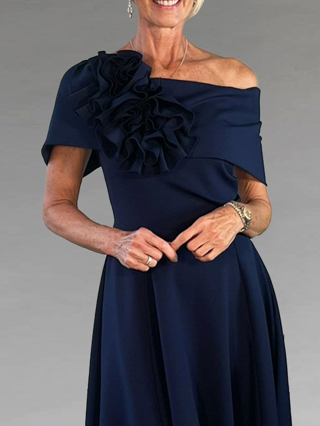 A-Line/Princess Off-the-Shoulder Tea-Length Mother of the Bride Dresses with 3D Flowers