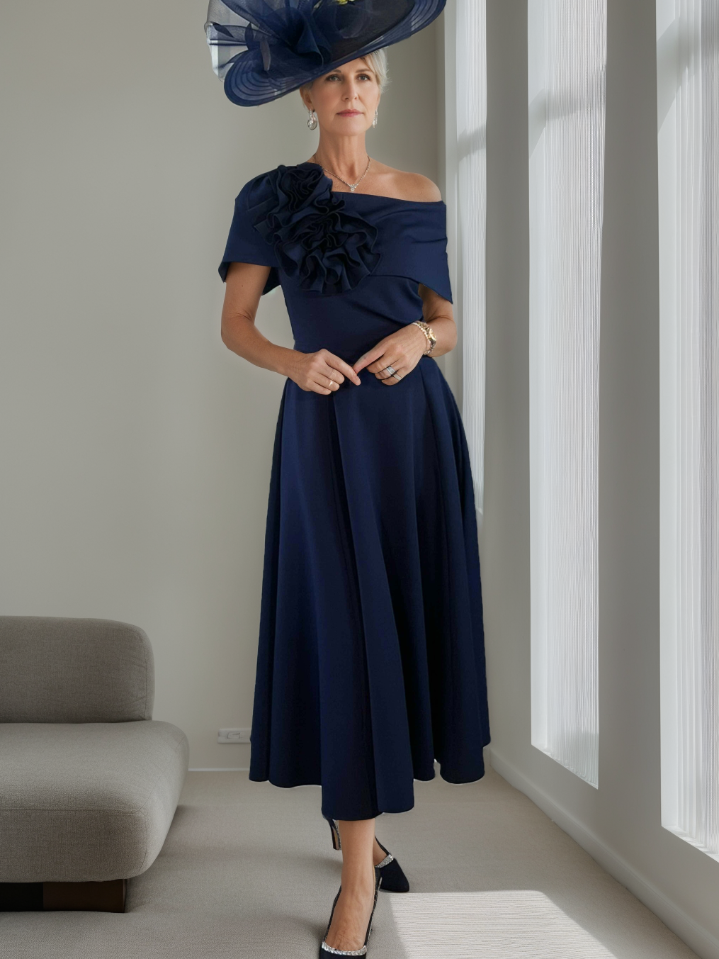 A-Line/Princess Off-the-Shoulder Tea-Length Mother of the Bride Dresses with 3D Flowers