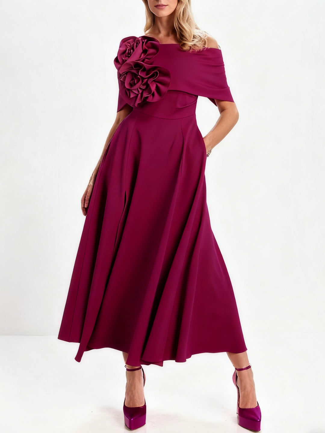 A-Line/Princess Off-the-Shoulder Tea-Length Mother of the Bride Dresses with 3D Flowers