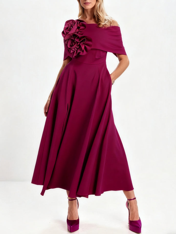 A-Line/Princess Off-the-Shoulder Tea-Length Mother of the Bride Dresses with 3D Flowers