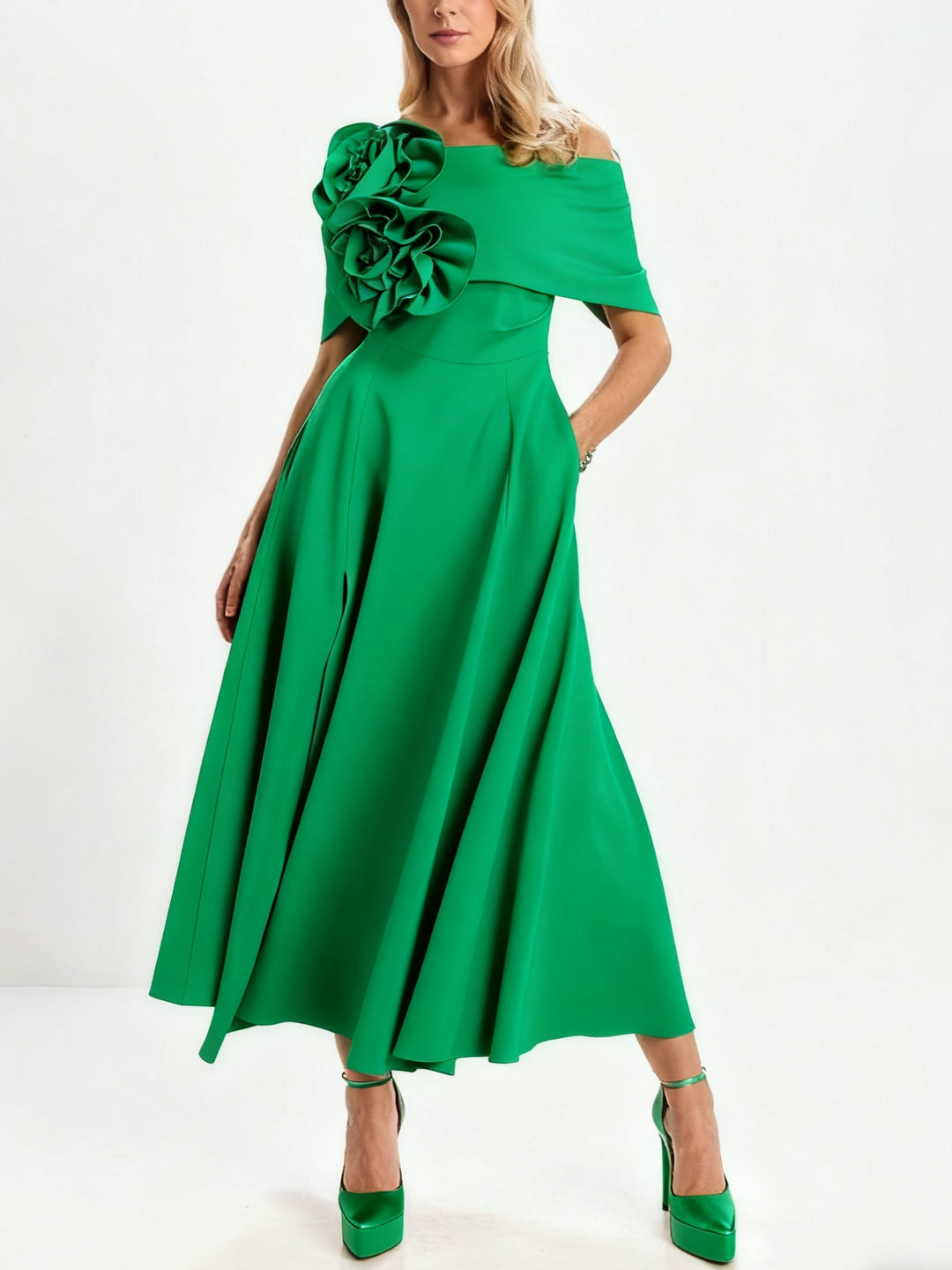 A-Line/Princess Off-the-Shoulder Tea-Length Mother of the Bride Dresses with 3D Flowers