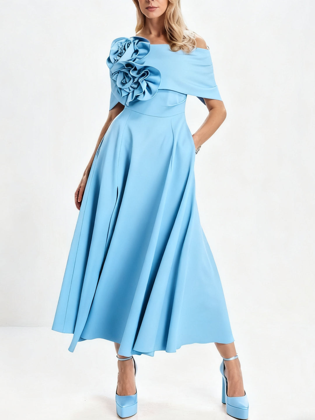 A-Line/Princess Off-the-Shoulder Tea-Length Mother of the Bride Dresses with 3D Flowers