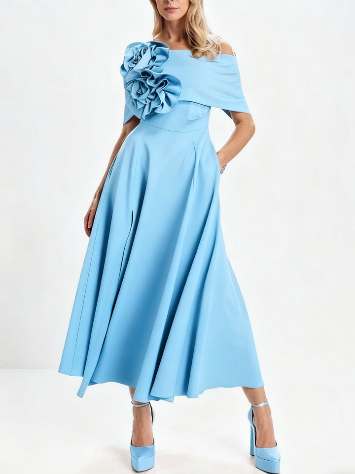 A-Line/Princess Off-the-Shoulder Tea-Length Mother of the Bride Dresses with 3D Flowers